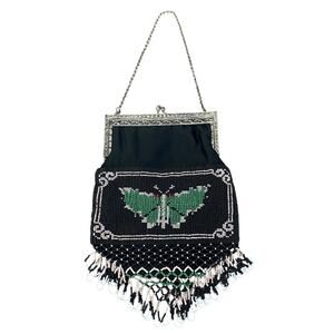 Vintage Silk Black Green Butterfly Beaded Bag Purse Silver Tone Handle Chain